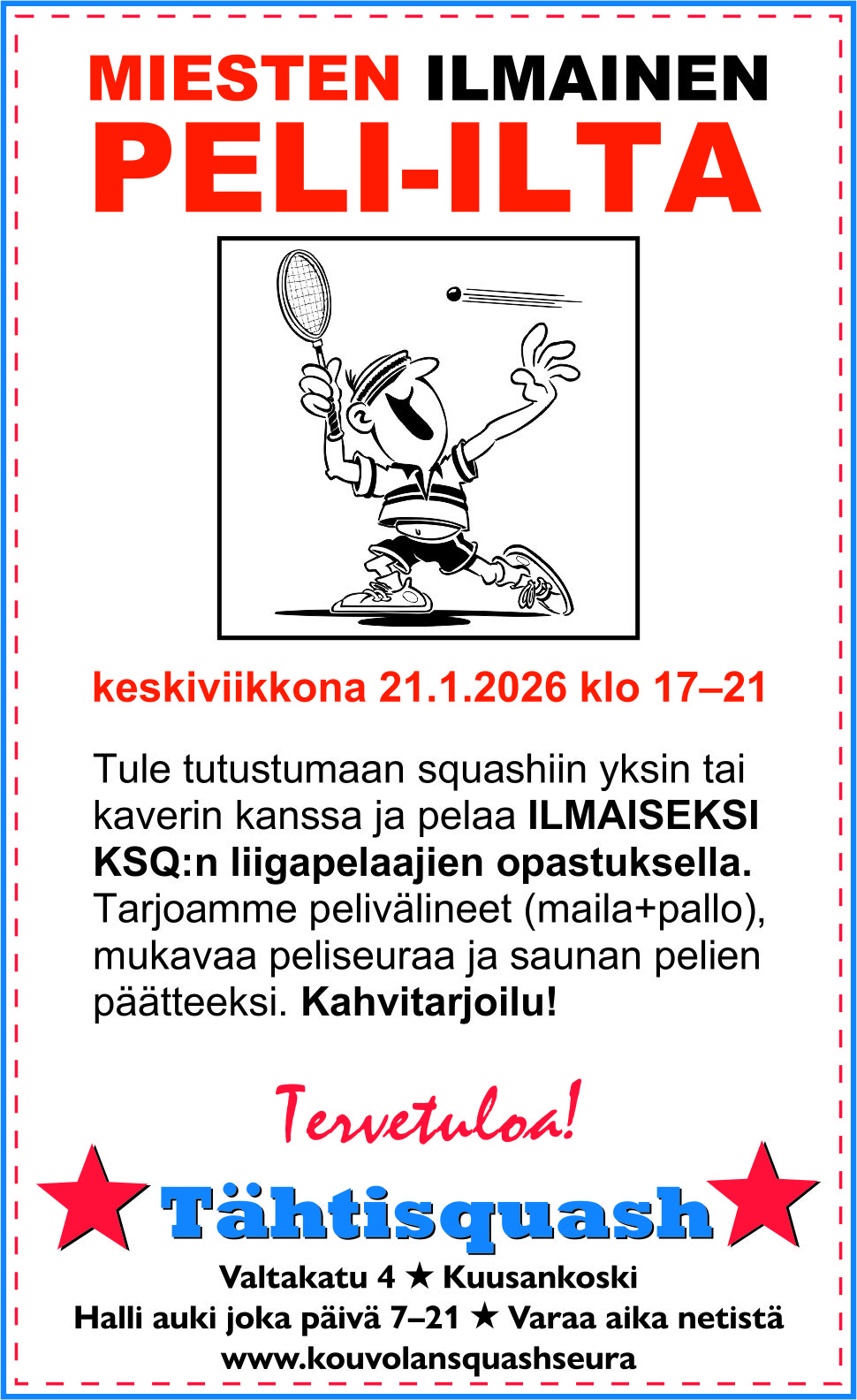 KSQ:n ilmainen peli-ilta miehille 21.1.2026